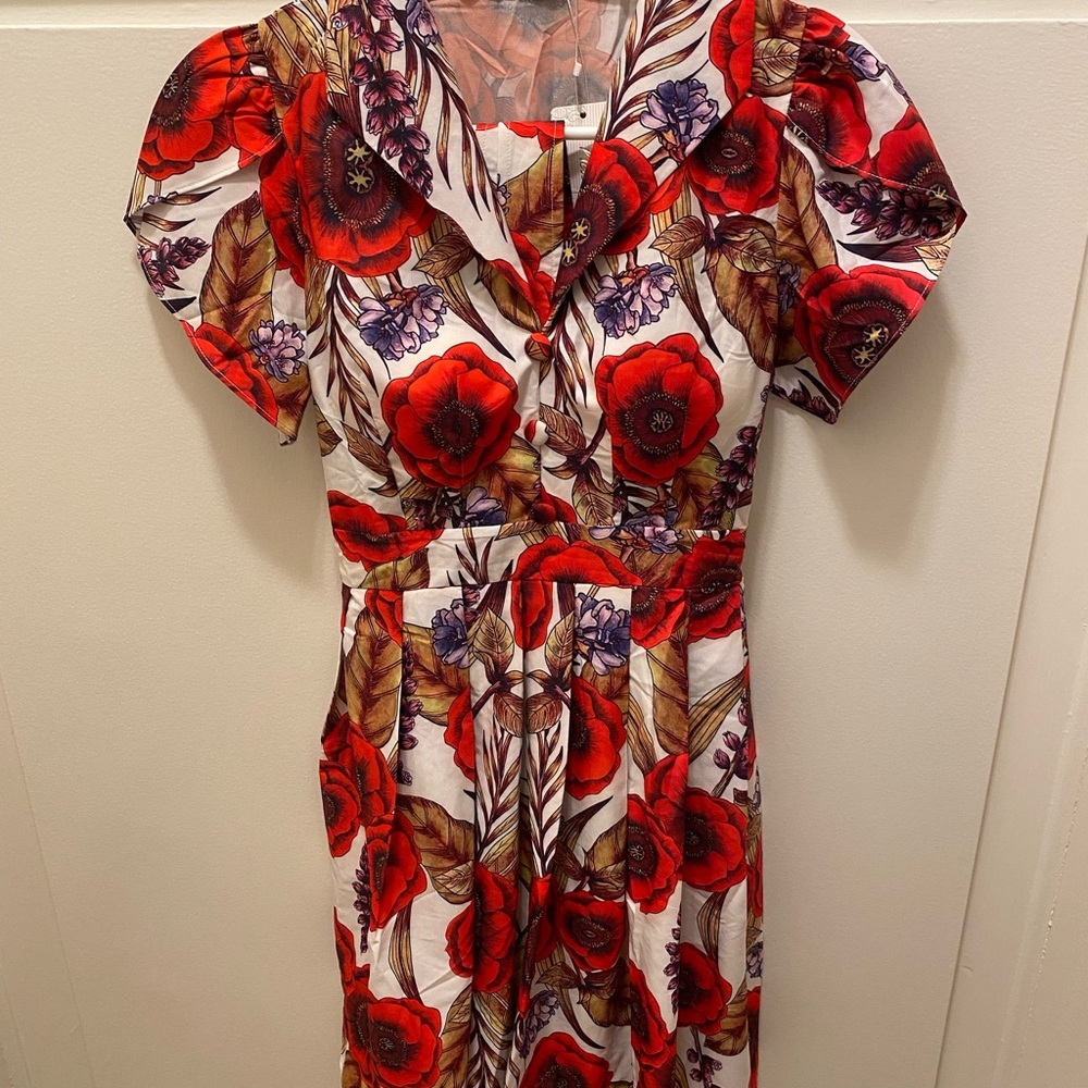 Red and White Puff Sleeve Midi Sundress